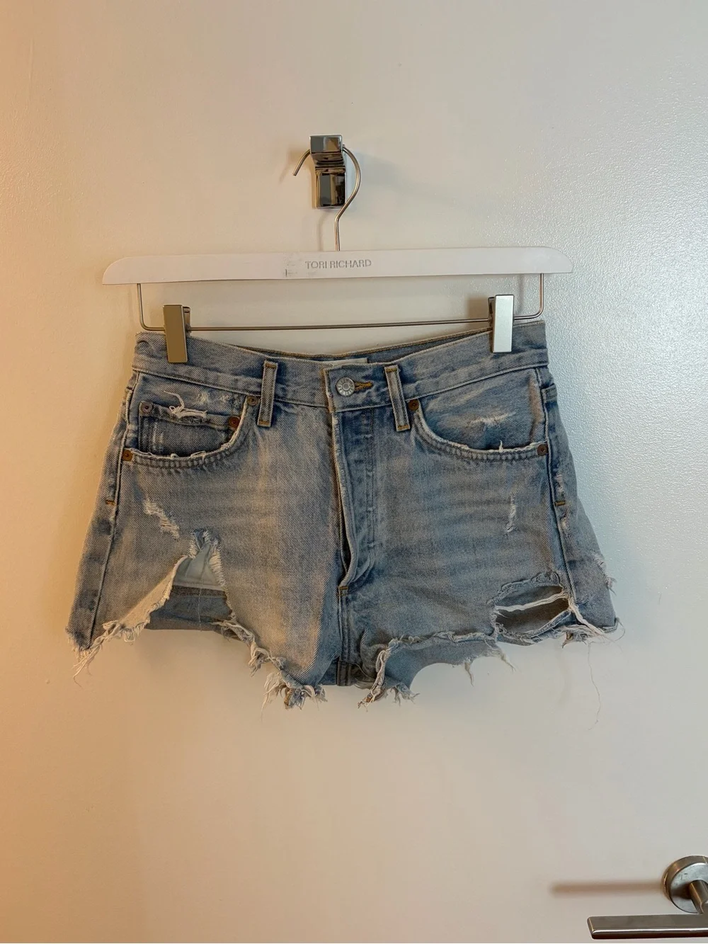 Agolde Light Blue Distressed Denim Cutoff Shorts - Picture 1 of 4
